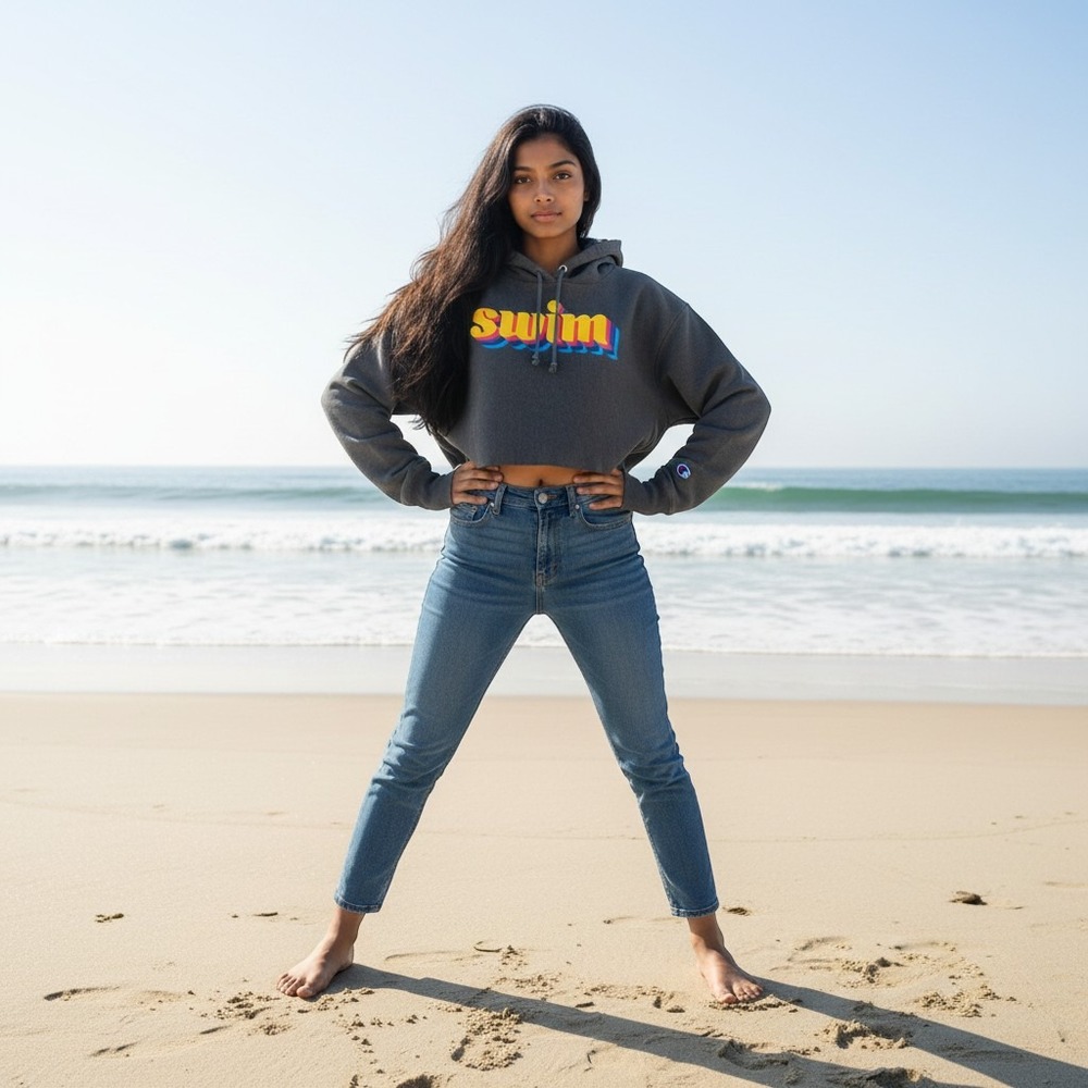 Champion Cropped Hoodie Womens Small Gray Swim Graphic Beachy Athleisure Sporty